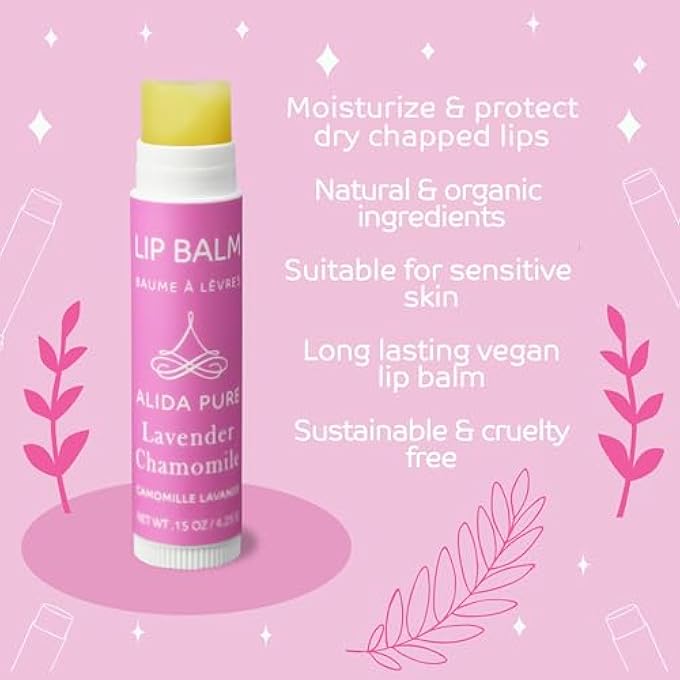 ALIDA PURE VEGAN LIP BALM LAVENDER CHAMOMILE LIP BALM COLLECTION, CRUELTY FREE CHAPSTICK, MOISTURIZE DRY, ED, OR CHAPPED, LIPS, 5 TUBE SET. - Image 2